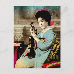 Geisha med violin Vintage gammal Japan musiker Vykort