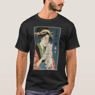 Geisha och Cat 1 Ukiyo e japansk Warrior Samurai T Shirt