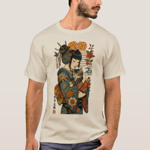 Geisha och Cat - Japansk Blommigt T Shirt