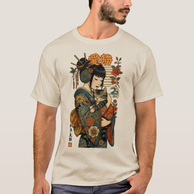 Geisha och Cat - Japansk Blommigt T Shirt (Framsida)