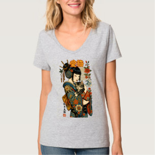 Geisha och Cat - Japansk Blommigt T Shirt