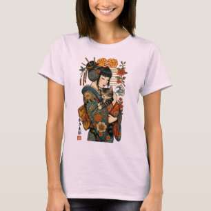 Geisha och Cat - Japansk Blommigt T Shirt