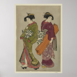 Geisha och en tjänare som bär på hennes schacklåda poster