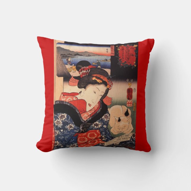 Geisha och Hennes Cat Throw Cushion Kudde (Framsida)