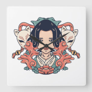 Geisha Och Kitsune Fyrkantig Klocka