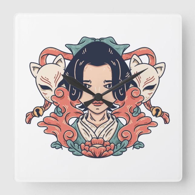 Geisha och Kitsune Fyrkantig Klocka (Framsida)