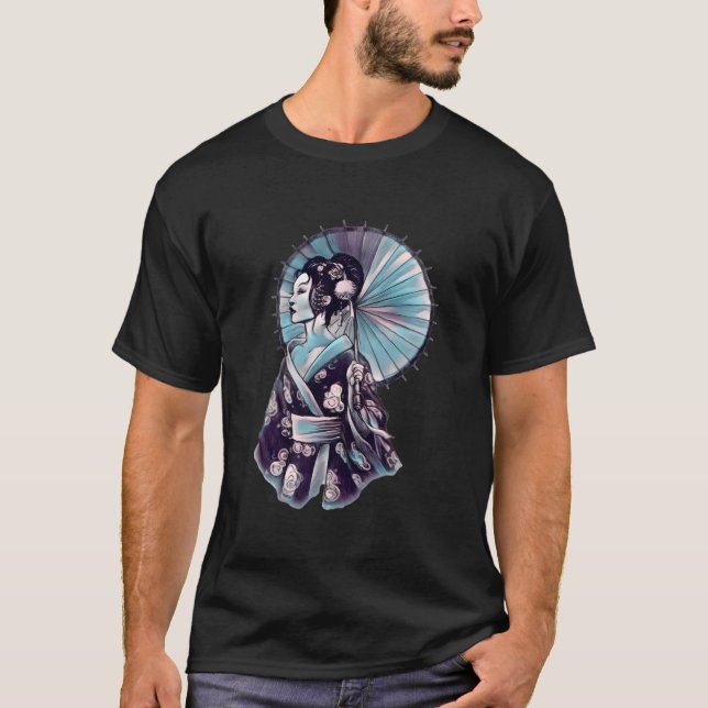 Geisha Parasol Pretty Tattoo Samurai Hand-Drawn T Shirt (Framsida)