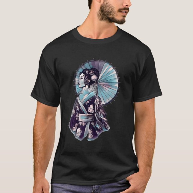 Geisha Parasol Söt Tatto Samurai Hand-Drawn T Shirt (Framsida)