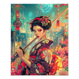 Geisha Poster, Vibrant Geisha Art-utskrift Fototryck