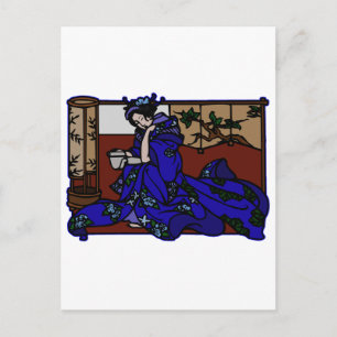 Geisha Reading in Blue Kimono Vykort
