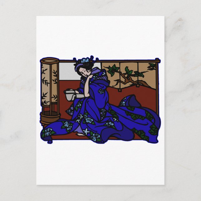 Geisha Reading in Blue Kimono Vykort (Framsida)