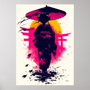 Geisha Siluett vid Solnedgång – Traditionell Elega Poster