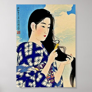Geisha som kammar träklossUkiyo-E för hår japan Poster