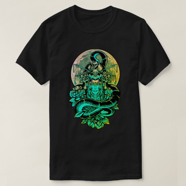 Geisha teal och svart blommigt t shirt (Design framsida)