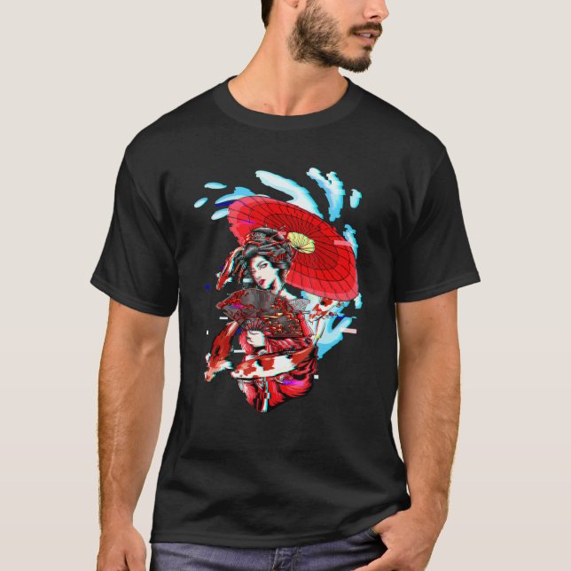 Geisha Vaporwave Japansk Koi Fish Carp Geiko Aest T Shirt (Framsida)
