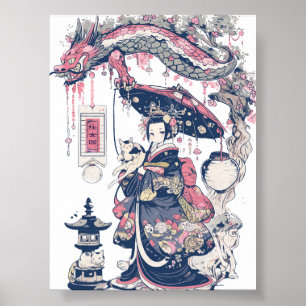 Geisha With Dragon and Cats 37007 Poster