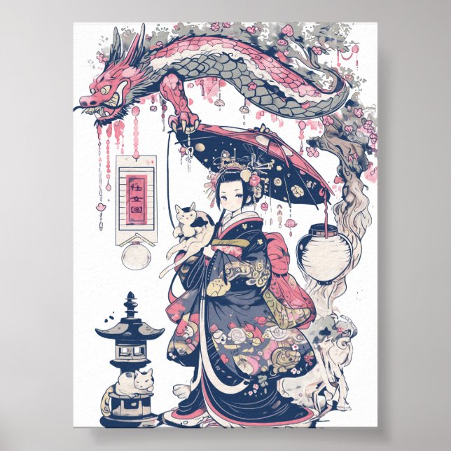 Geisha With Dragon and Cats 37007 Poster (Framsidan)