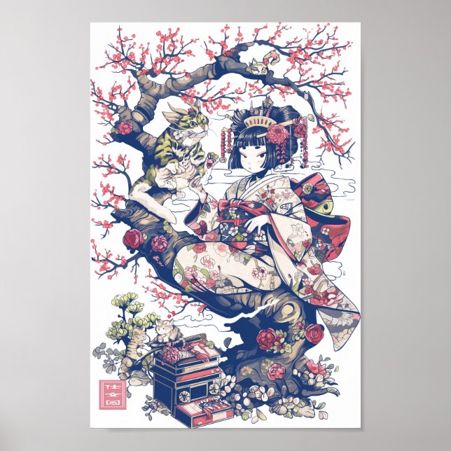 Geisha With Dragon and Cats 37010 Poster (Framsidan)