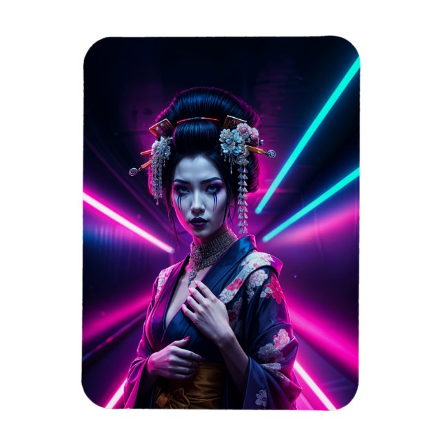 Geisha with Neon Background – Fridge Magnet Art (Vertikal)