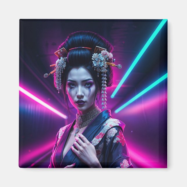 Geisha with Neon Background – Fridge Magnet Art (Framsidan)