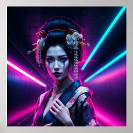 Geisha with Neon Background – Fridge Magnet Art Poster