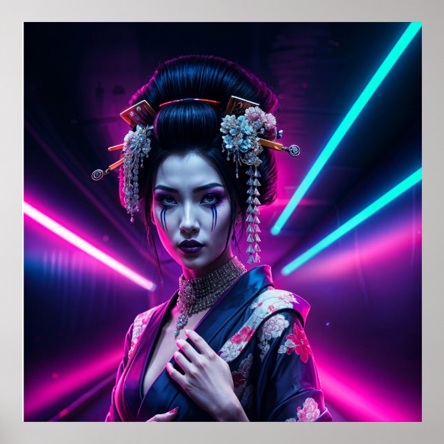 Geisha with Neon Background – Fridge Magnet Art Poster (Framsidan)