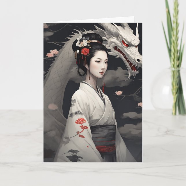 Geisha with White Dragon Kinesisk nyår 2024 Helgkort (Framsida)