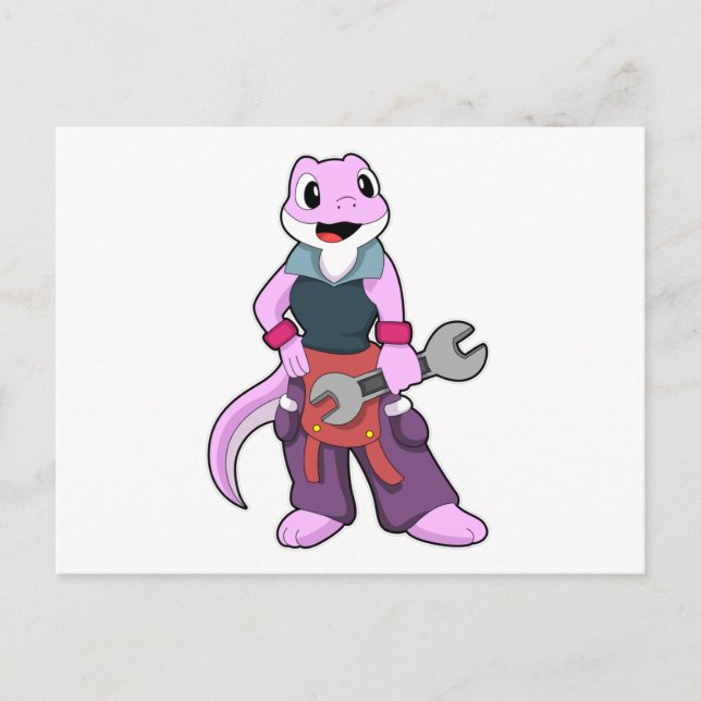 Geko som mekaniker med skiftnyckel vykort (Framsida)