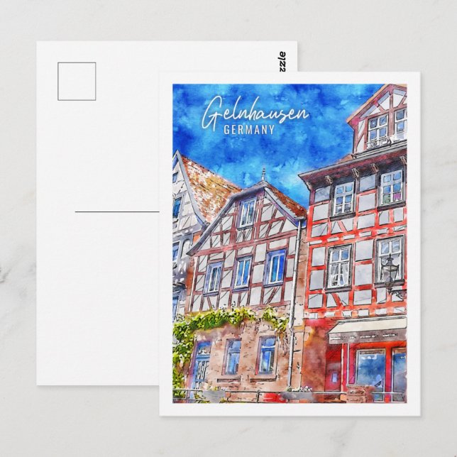 Gelnhausen Tyskland Travel Ställe Watercolor Vykort (Fram/baksida)