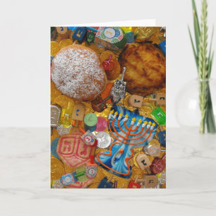 Gelt, Dreidels, Menorah, Sufganiot och Latke Helgkort