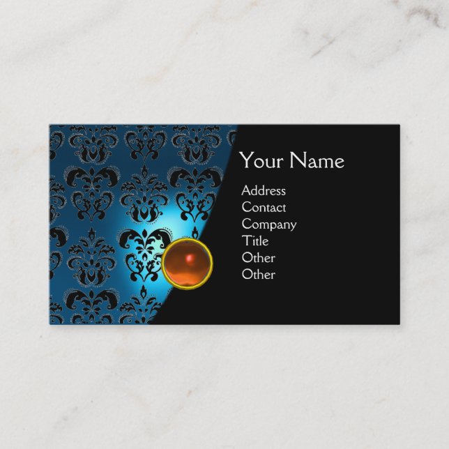GEM DAMASK MONOGRAM blue sapphire-gult Visitkort (Framsida)