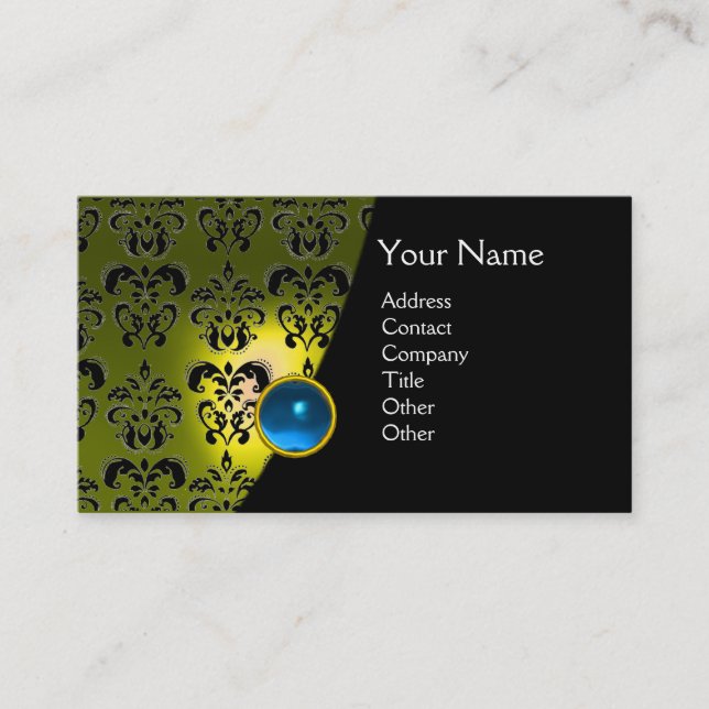 GEM DAMASK MONOGRAM gult sapphire blue Visitkort (Framsida)