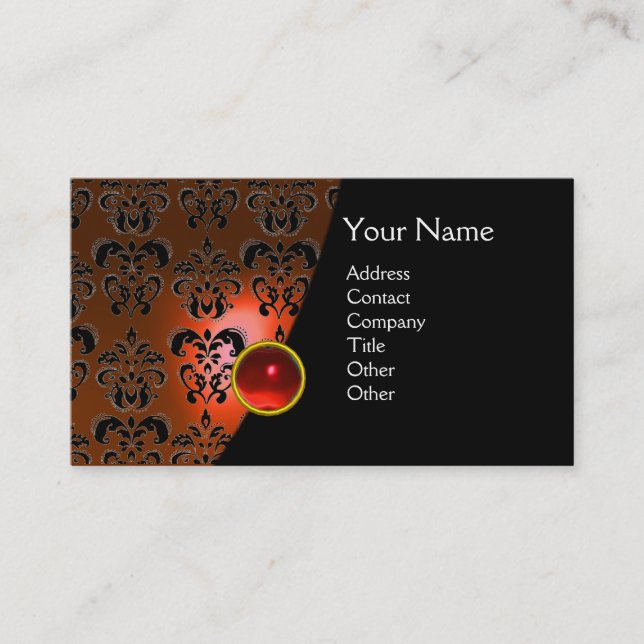 GEM DAMASK MONOGRAM orange Red ruby Visitkort (Framsida)