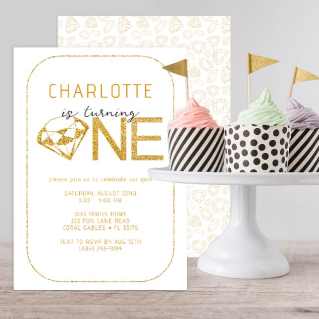 Gem Diamond One 1st Birthday Party bjudande in Inbjudningar (turning one gold birthday invitation for baby girl)