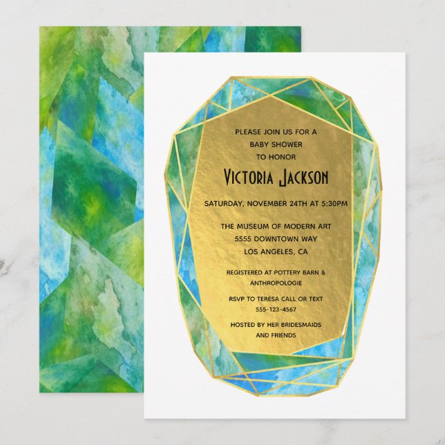 Gem Stone Guld Geometric Crystal Baby Shower Inbjudningar (Fram/baksida)