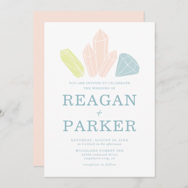 Gem Stones Elegant  Rosa Pastel Bröllop Inbjudningar (Fram/baksida)