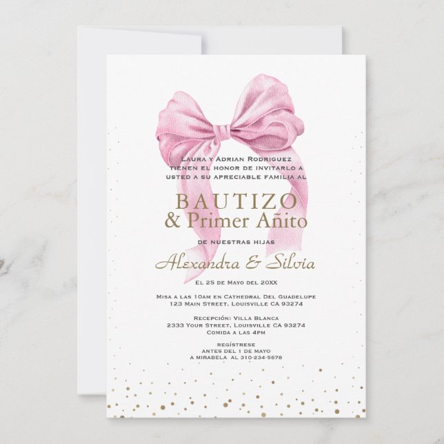 Gemelas Hijas Lazo Rosa Primer Añito Bautizo Inbjudningar (Framsida)