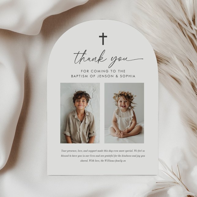 Gemensam dop 2 Foto Ark Tackkort Inbjudningar (Zazzle Joint Baptism 2 Photo Arch Thank You Card)
