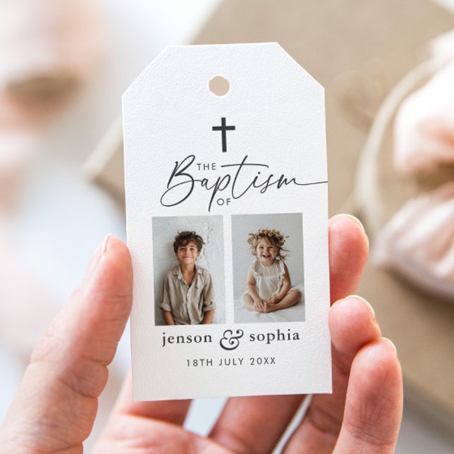 Gemensam dop 2 Foto Presentetikett (Zazzle Joint Baptism 2 Photo Gift Tags)