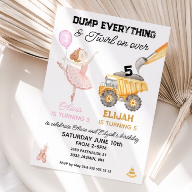 Gemensam födelsedagsbalett och byggfest inbjudningar (Joint birthday invitation ballerina and construction)