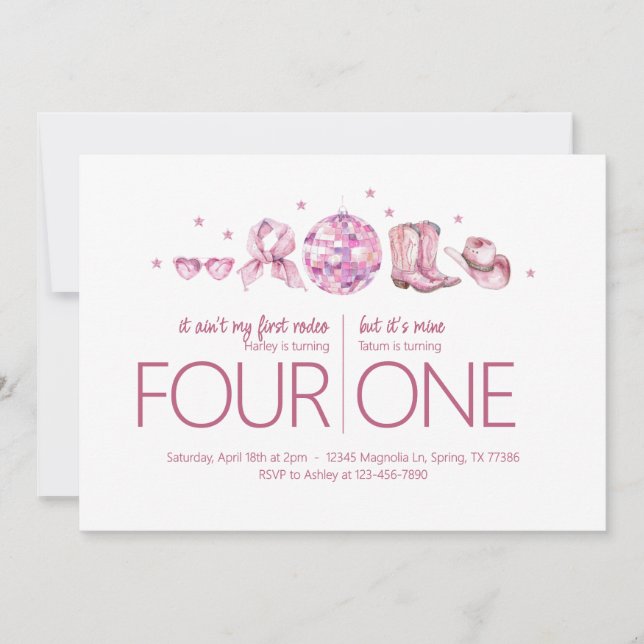 Gemensam Födelsedagsfest - Disco Cowgirl Theme Inbjudningar (Framsida)