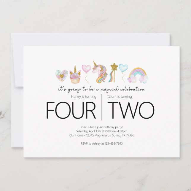 Gemensam Födelsedagsfest - Unicorn-tema Inbjudningar (Framsida)