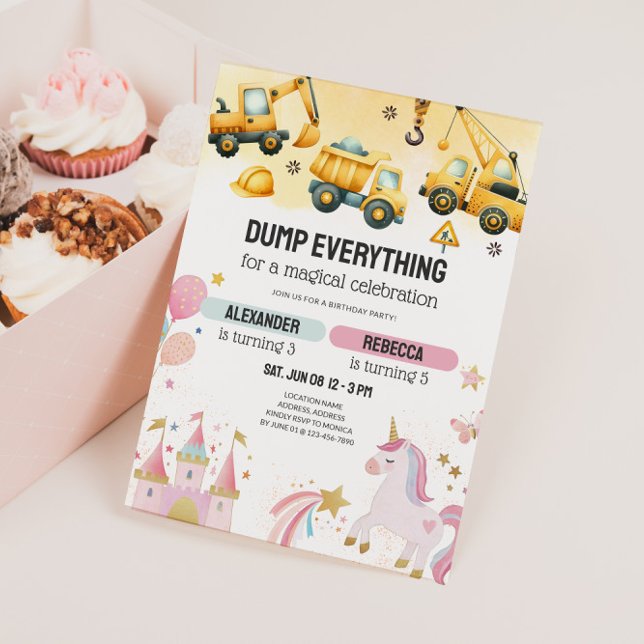 Gemensam födelsedagsfirande för byggtema och enhör inbjudningar (Joint Kids Birthday Party Invitation - Dump Trucks & Unicorns)