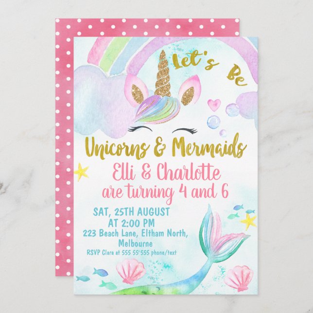 Gemensam födelsedagsinbjudan för sjöjungfru och en inbjudningar (Fram/baksida)