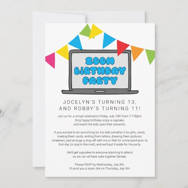 Gemensam födelsedagsinbjudan för syskon på Zoom Inbjudningar (Framsida)