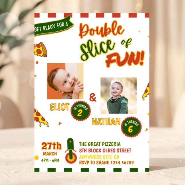 Gemensam födelsedagspizzafest inbjudan med foto (Join Birthday Invitation, Pizza Twins Invitation with Photo, Pizza Birthday Invitation, Italian Birt)