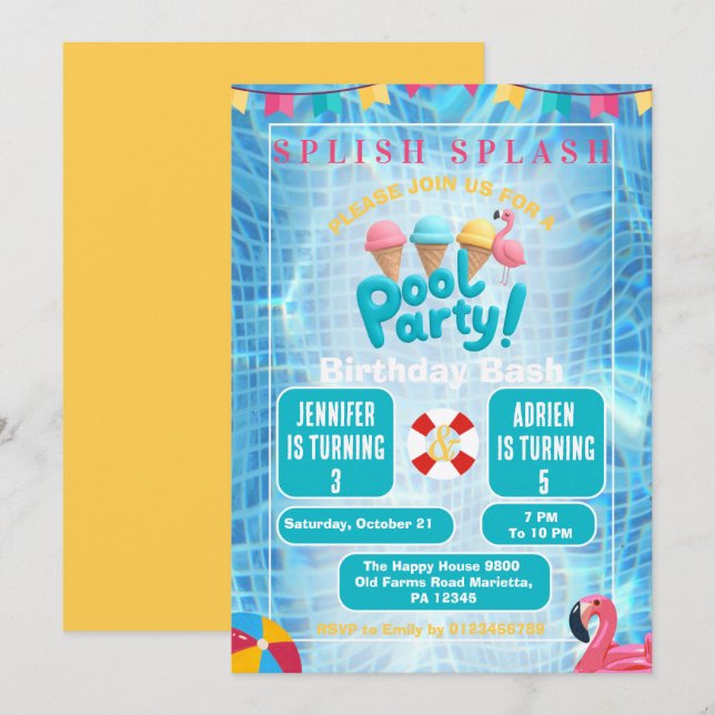 Gemensam poolfest för barn | Sommarens födelsedags Inbjudningar (Fram/baksida)