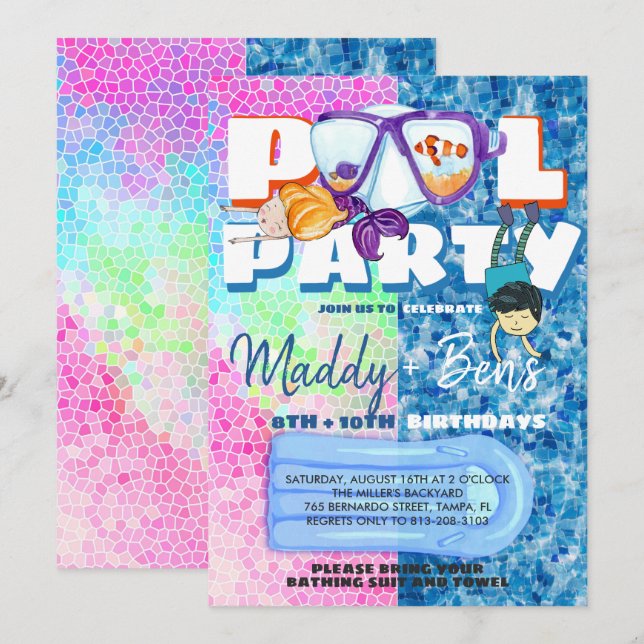 Gemensam poolparty-inbjudan inbjudningar (Fram/baksida)