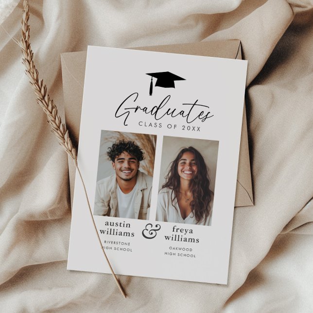 Gemensam Studentfest 2 Fotomeddelande Vykort (Zazzle Joint Graduation Party 2 Photo Announcement Postcard)