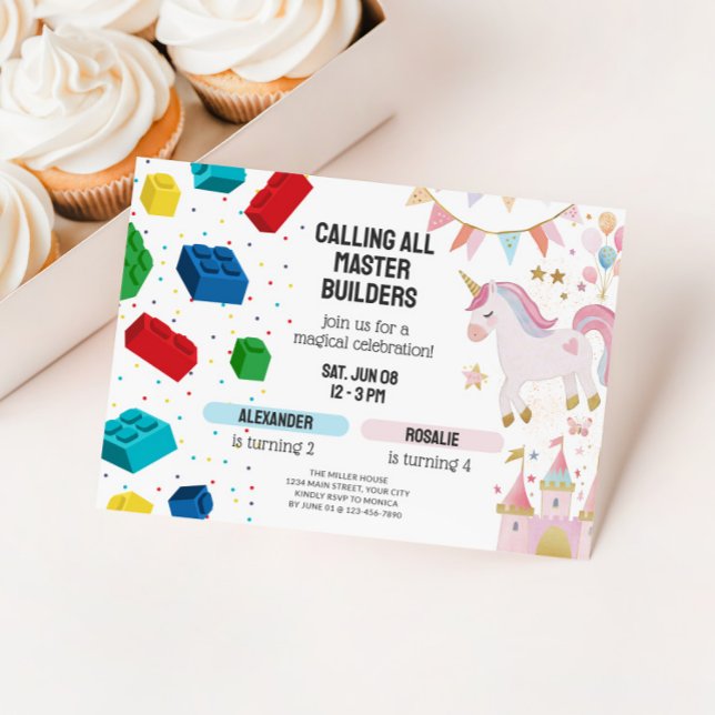 Gemensam Unicorn & Byggblock Födelsedagsfest Inbjudningar (Joint Sibling Birthday Invitation - Unicorns and Building Blocks)